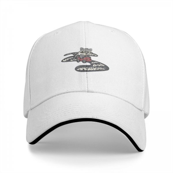 Black baseball cap with raccoon driving car and bad decisions print