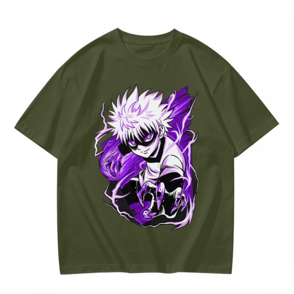 Olive Anime Graphic T-Shirt Featuring Killua Zoldyck