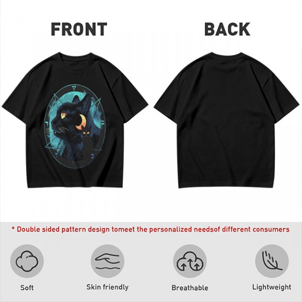 Olive T-Shirt With Black Cat And Crescent Moon Graphic