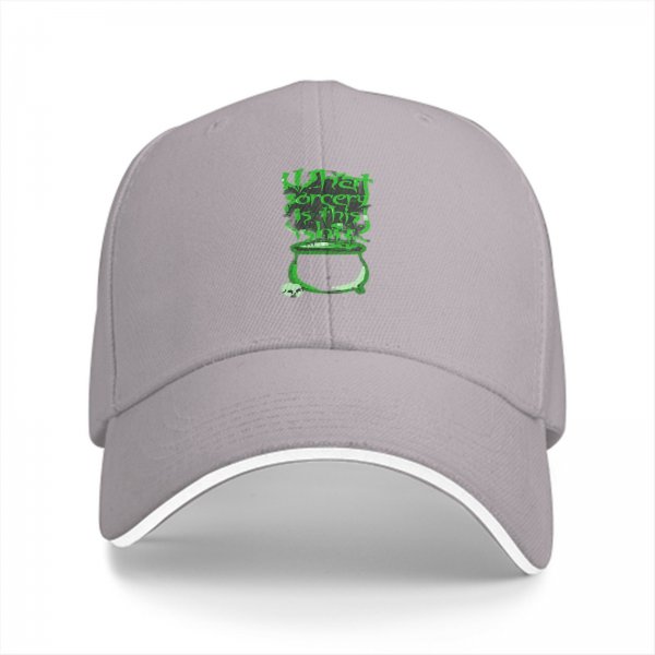 Black baseball cap with green 'What sorcery is this' cauldron graphic