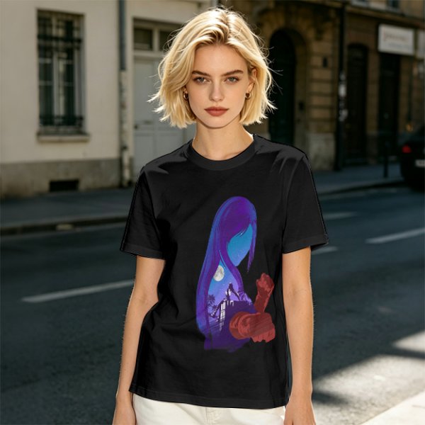 Olive T-Shirt With Purple Haired Figure Night Scene Print