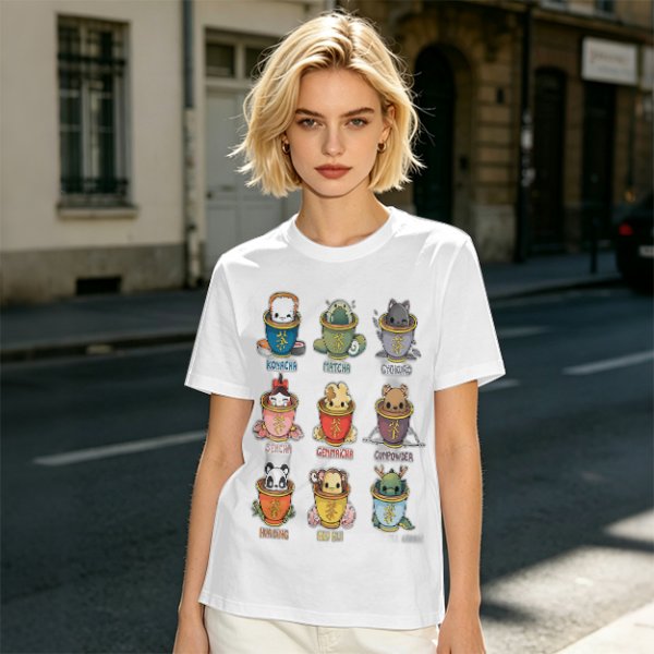 Olive T-Shirt With Cute Animal Teacup Character Print