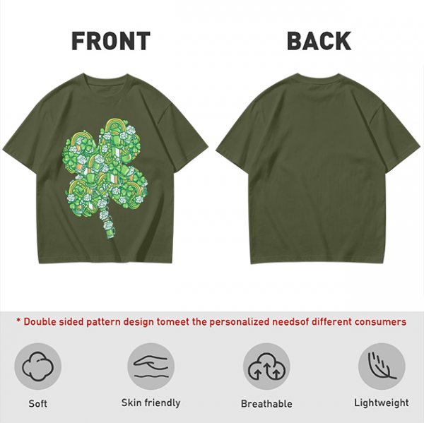 Olive Green T-Shirt With St. Patrick's Day Four-Leaf Clover Art