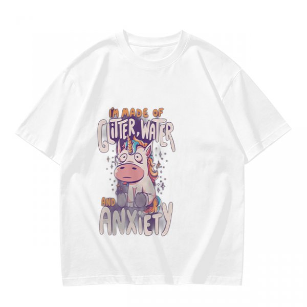 Olive t-shirt with anxious unicorn glitter water and anxiety print
