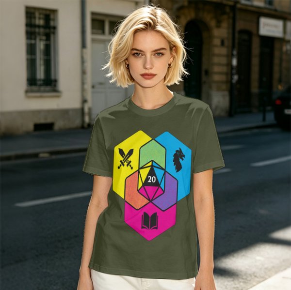 Olive T-Shirt With D20 And Fantasy RPG Themed Hexagon Art