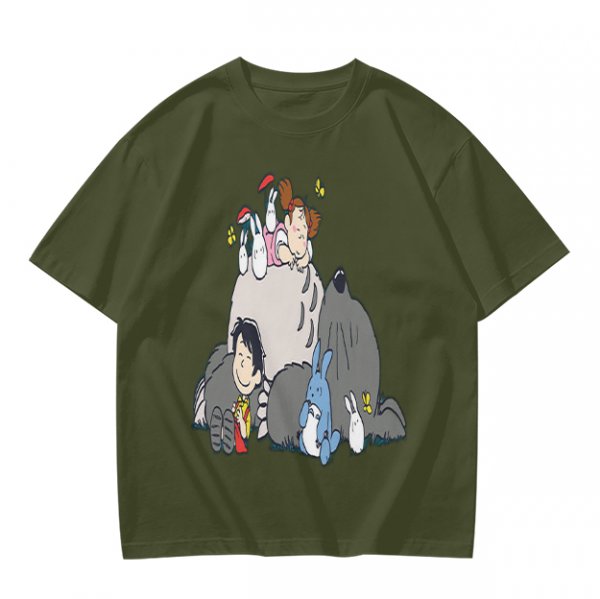 Olive T-shirt with whimsical forest spirit and children graphic print