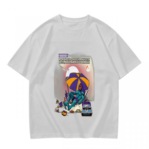 Olive T-shirt with Superhero Lounging Under Beach Umbrella Print