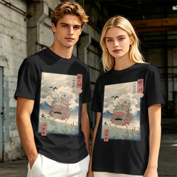Olive t-shirt with ukiyo-e style Howl's Moving Castle print