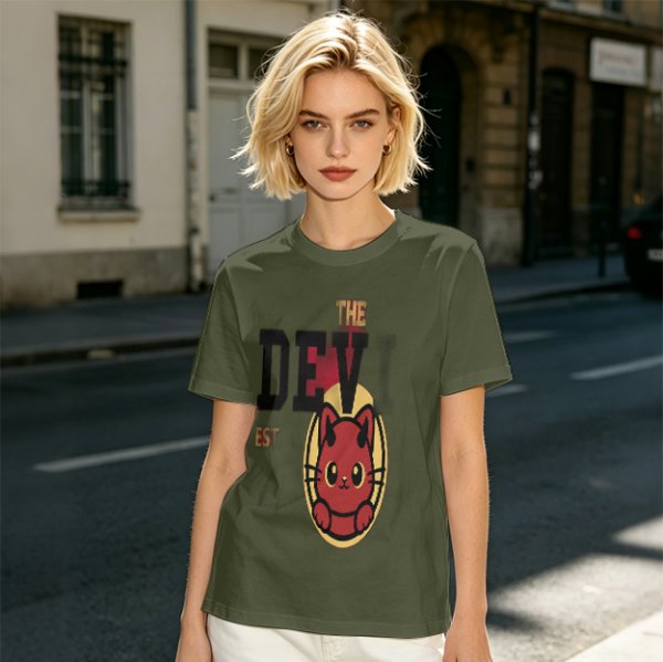 Olive T-Shirt with Red Devil Cat Graphic and The Dev Print