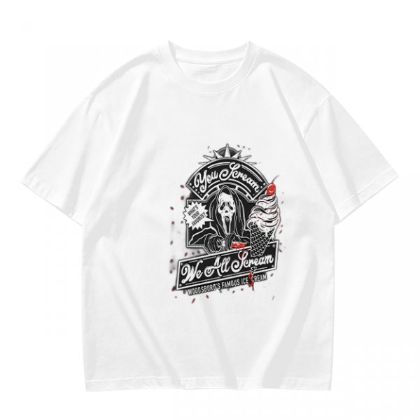 Olive green graphic t-shirt with horror ice cream themed print