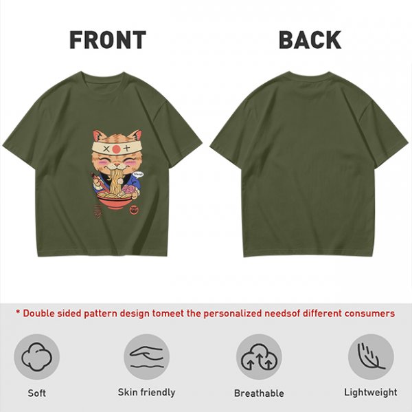 Olive green t-shirt with a cute cat eating ramen graphic