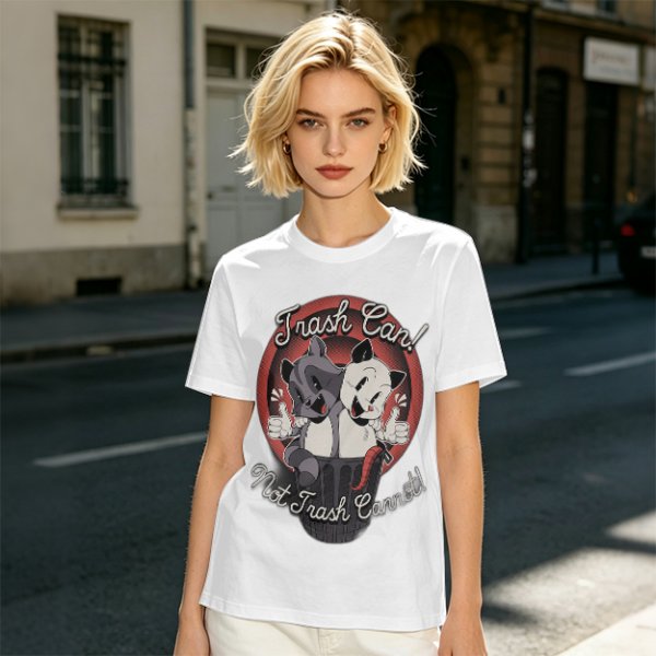 Olive t-shirt with retro cartoon raccoon and dog trash can print