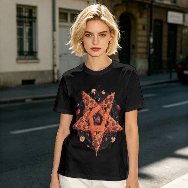 Olive T-Shirt With Pizza Pentagram Graphic Design