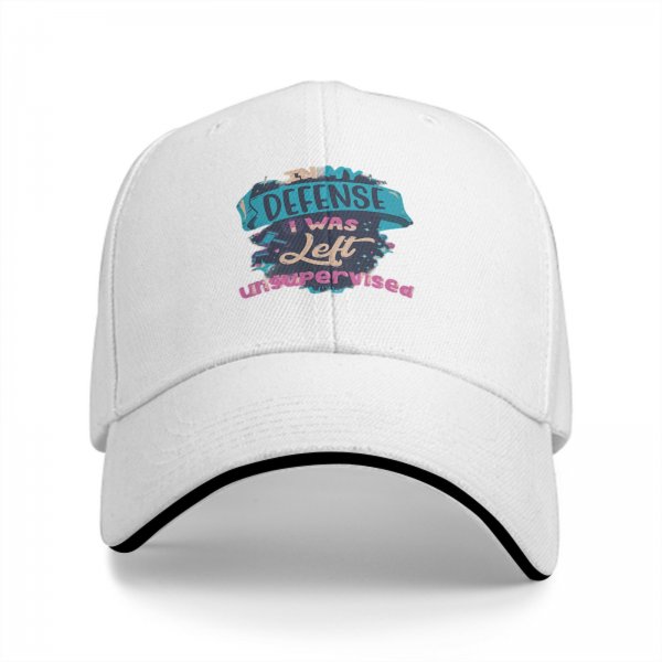 Black baseball cap with 'In My Defense I Was Left Unsupervised' print