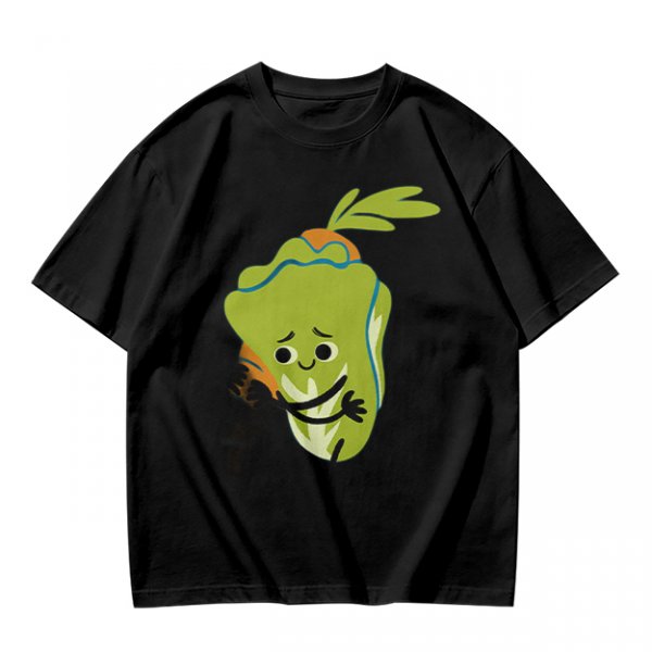 Olive Green T-Shirt With Sad Cartoon Cabbage Graphic