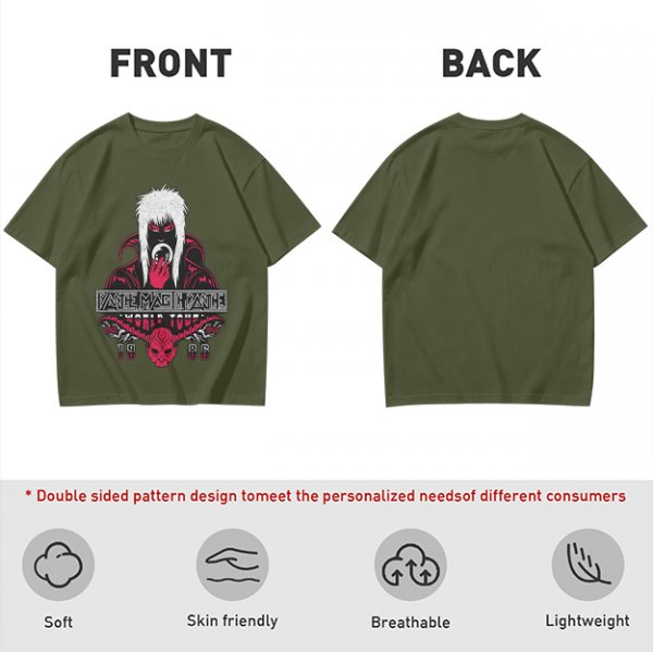 Olive graphic tee with dark fantasy character and tour print