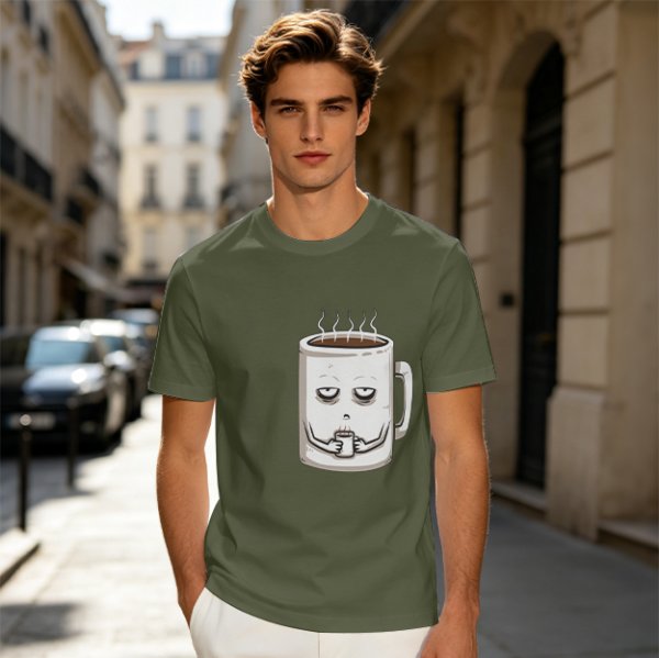 Oversized Army Green T-Shirt With Tired Coffee Mug Graphic