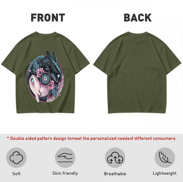 Olive T-Shirt with Yin Yang Dragon Floral Sun Moon Art