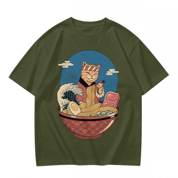 Cat Chef Eating Ramen in Great Wave Bowl T-Shirt