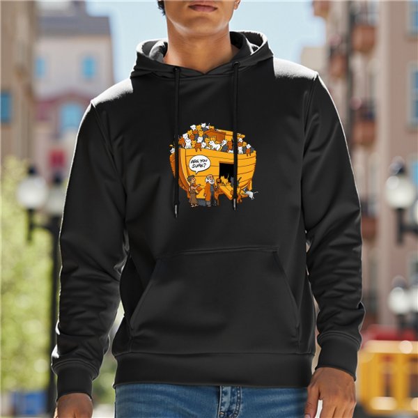 Black hoodie with funny Noah's ark cat graphic print