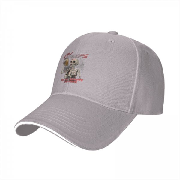 Black baseball cap with skeleton toasting beer and 'Cheers to my crappy future' text