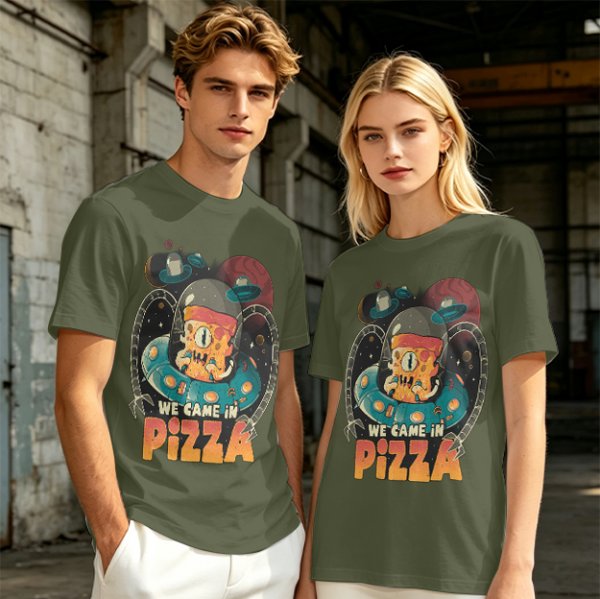 Olive t-shirt with space pizza alien graphic and 'We Came in Pizza' text
