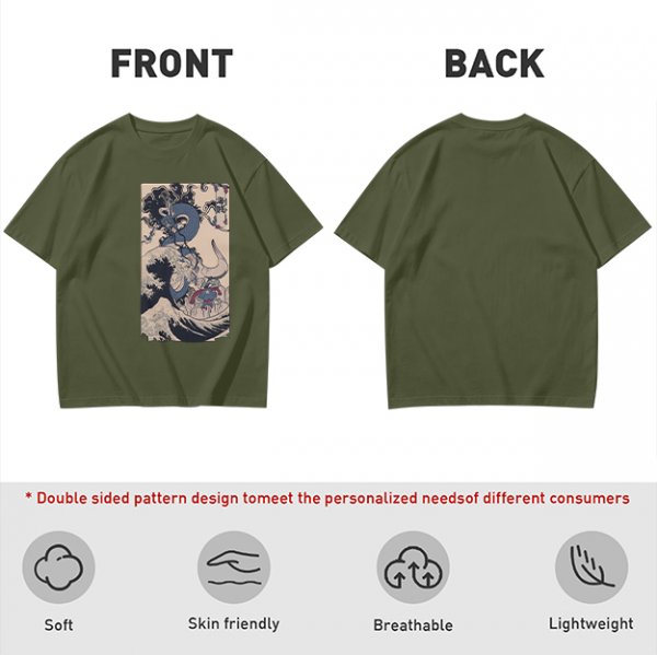 Olive T-Shirt with Japanese Ukiyo-e Dragon and Wave Print