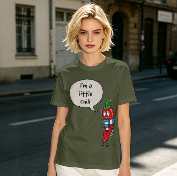Olive green t-shirt with funny 'I'm a little chili' cartoon chili print