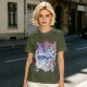 Olive green t-shirt with cat bus and Japanese traditional art print