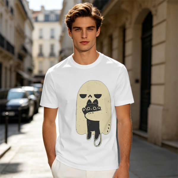 Olive T-Shirt With Ghost Holding Black Cat Graphic