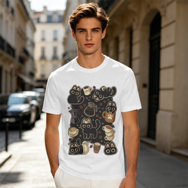 Olive T-Shirt With Cute Black Cats And Coffee Themed Print