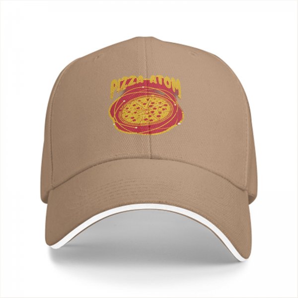 Black baseball cap with pizza atom graphic and text