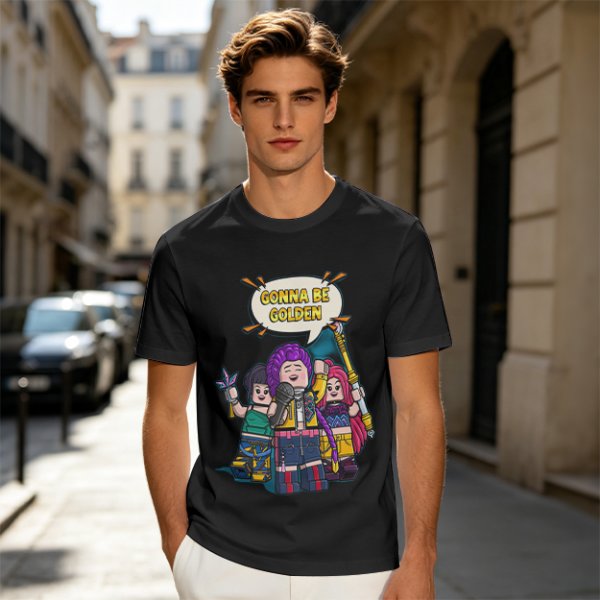 Olive T-shirt with Lego-style characters and 'Gonna Be Golden' print