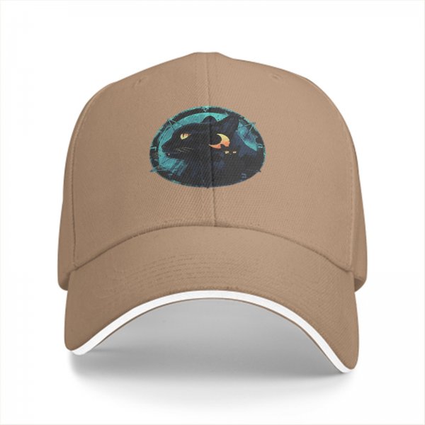 Black Baseball Cap With Mystical Black Cat And Crescent Moon Art