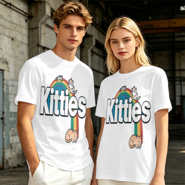 Olive Green T-Shirt With Kitties Rainbow Graphic Design