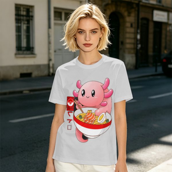 Olive T-Shirt Featuring a Cute Pink Axolotl Eating Ramen