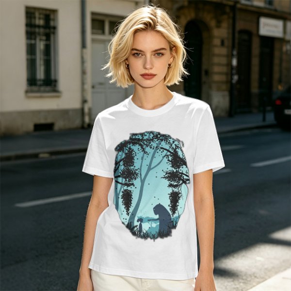Olive T-Shirt With Silhouetted Forest Scene And Two Figures