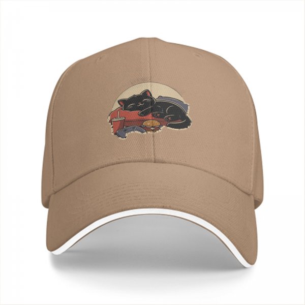 Black Baseball Cap With Lazy Cat Gaming Snack Print