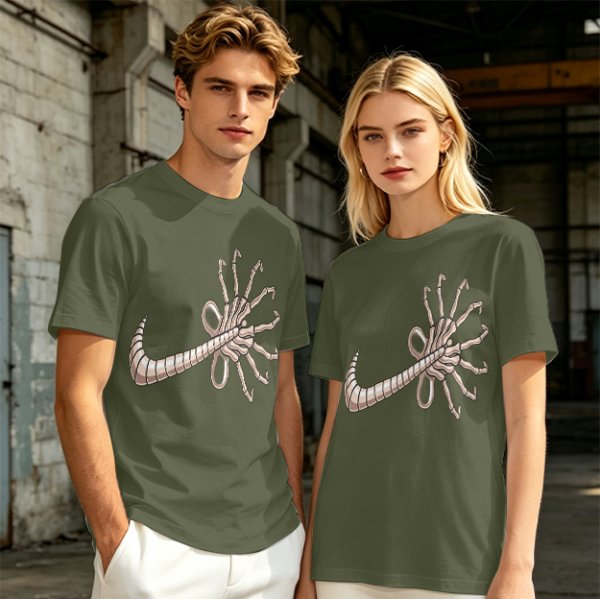 Olive T-shirt with Alien Facehugger Swoosh Graphic Print
