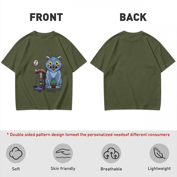 Olive T-Shirt With Whimsical Blue Cat And Mushroom Figure Print
