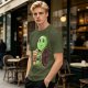 Olive Green T-Shirt With Cute Turtle Holding Coffee Cup Print