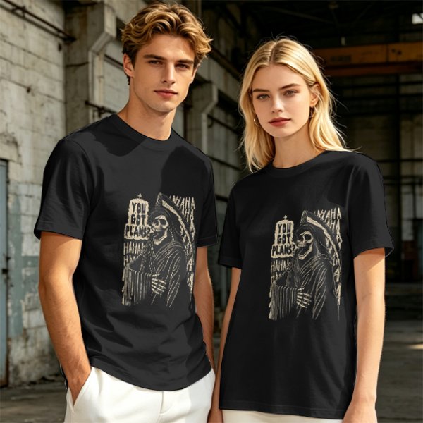 Olive graphic t-shirt with grim reaper and 'You Got Plans?' print