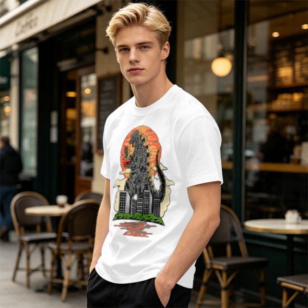 Godzilla Eating Ramen Sunset City Graphic T-Shirt
