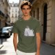 Olive green t-shirt with a chubby unicorn holding a steaming coffee cup