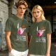 Olive t-shirt with Kirby holding knife and cake, text Calm Down I'm Only Here For The Cake