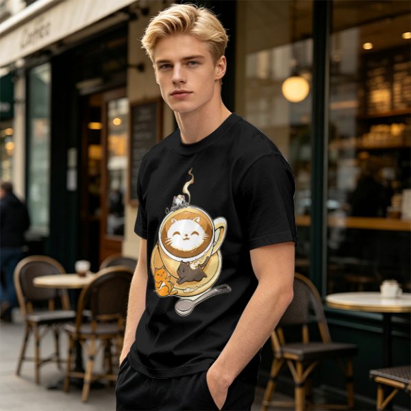 Olive Green T-Shirt With Cute Cat Latte Art And Kittens Print