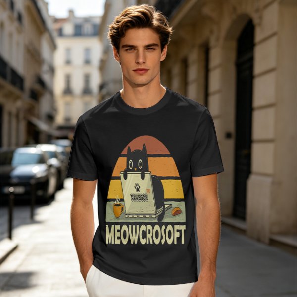 Olive t-shirt with black cat using laptop and Meowcrosoft text