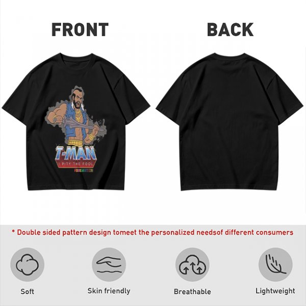 Olive T-shirt with T-Man He-Man parody graphic and 'I Pity The Fool' text