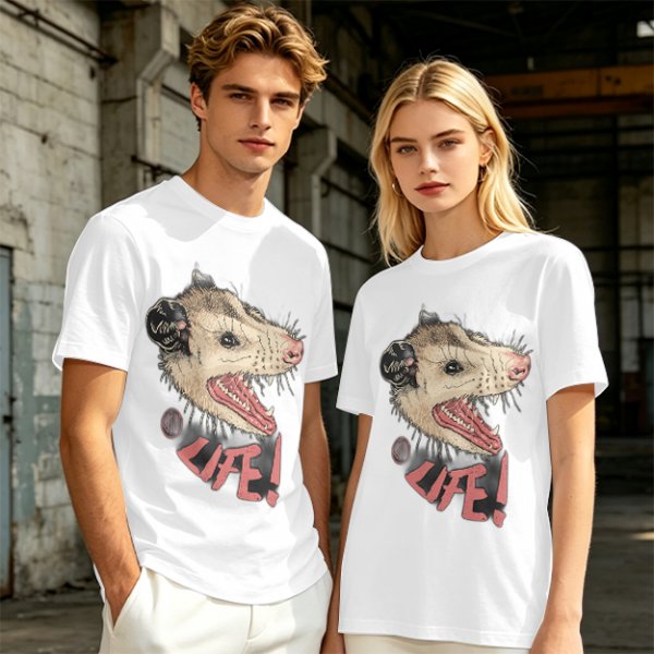 Olive T-Shirt With Aggressive Opossum 'LIFE!' Graphic Print