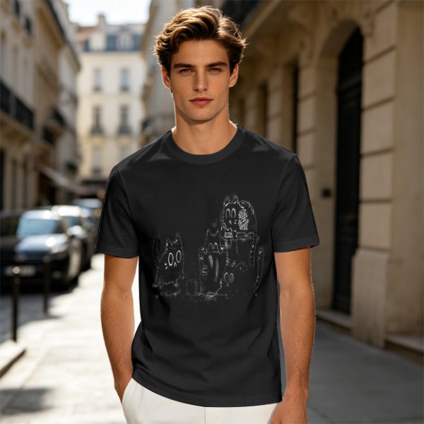 Olive Green T-Shirt With Playful Black Cat Graphic Print